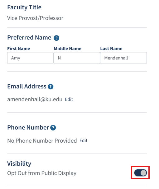 Image of KU Faculty Insight profile, highlighting where one may toggle Visibility Off for public display