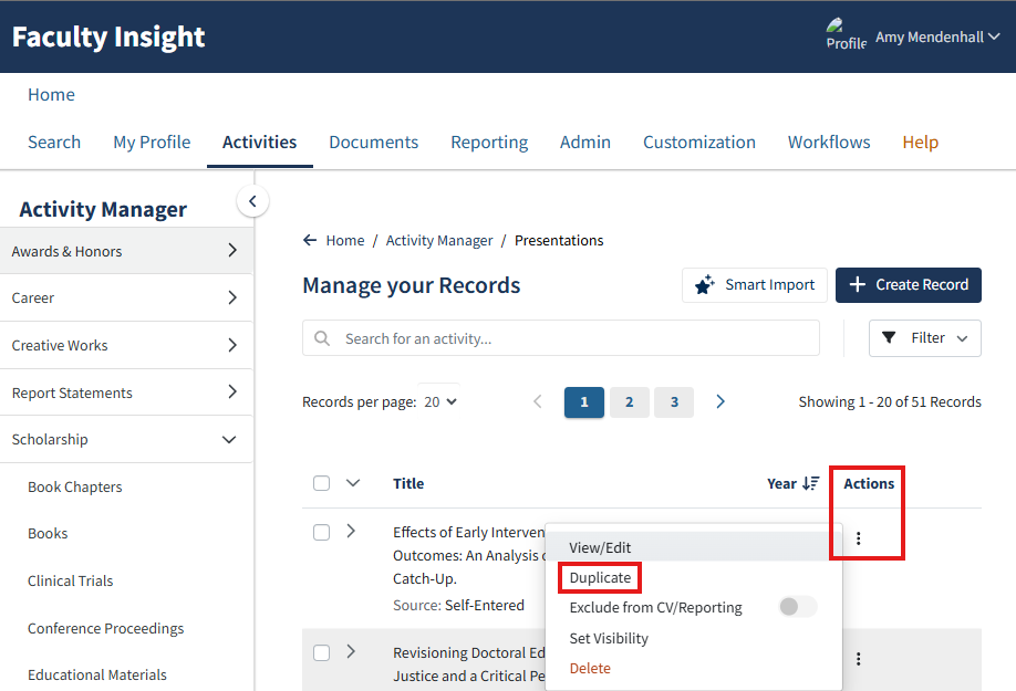 faculty insight screenshot with the activities menu up and highlighting the duplicate feature
