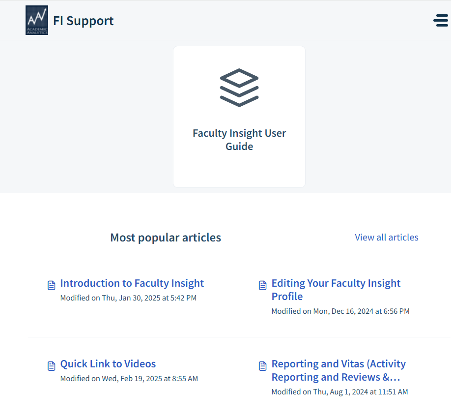 screen shot of the faculty insight support page with most popular article links listed for faculty insight